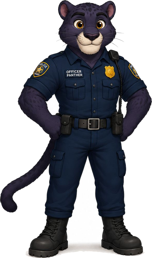 Officer Panther, the Zoo EOC police liaison, in a navy blue police uniform
