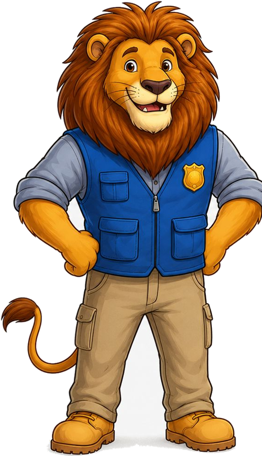 Charlie the Lion, the Zoo EOC emergency manager, wearing a blue vest and khaki pants