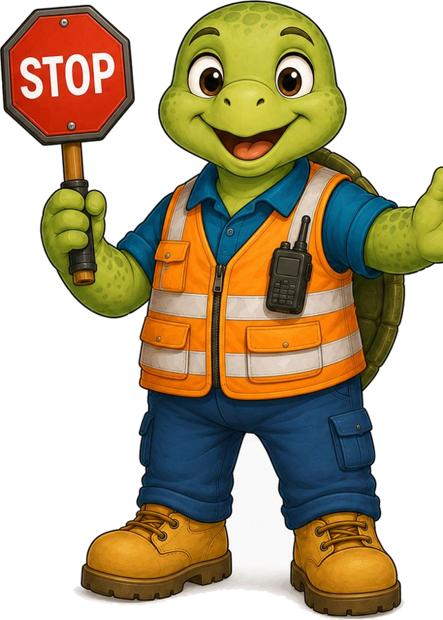 Traffic Turtle, the Zoo EOC transportation liaison, in a safety vest holding a stop sign
