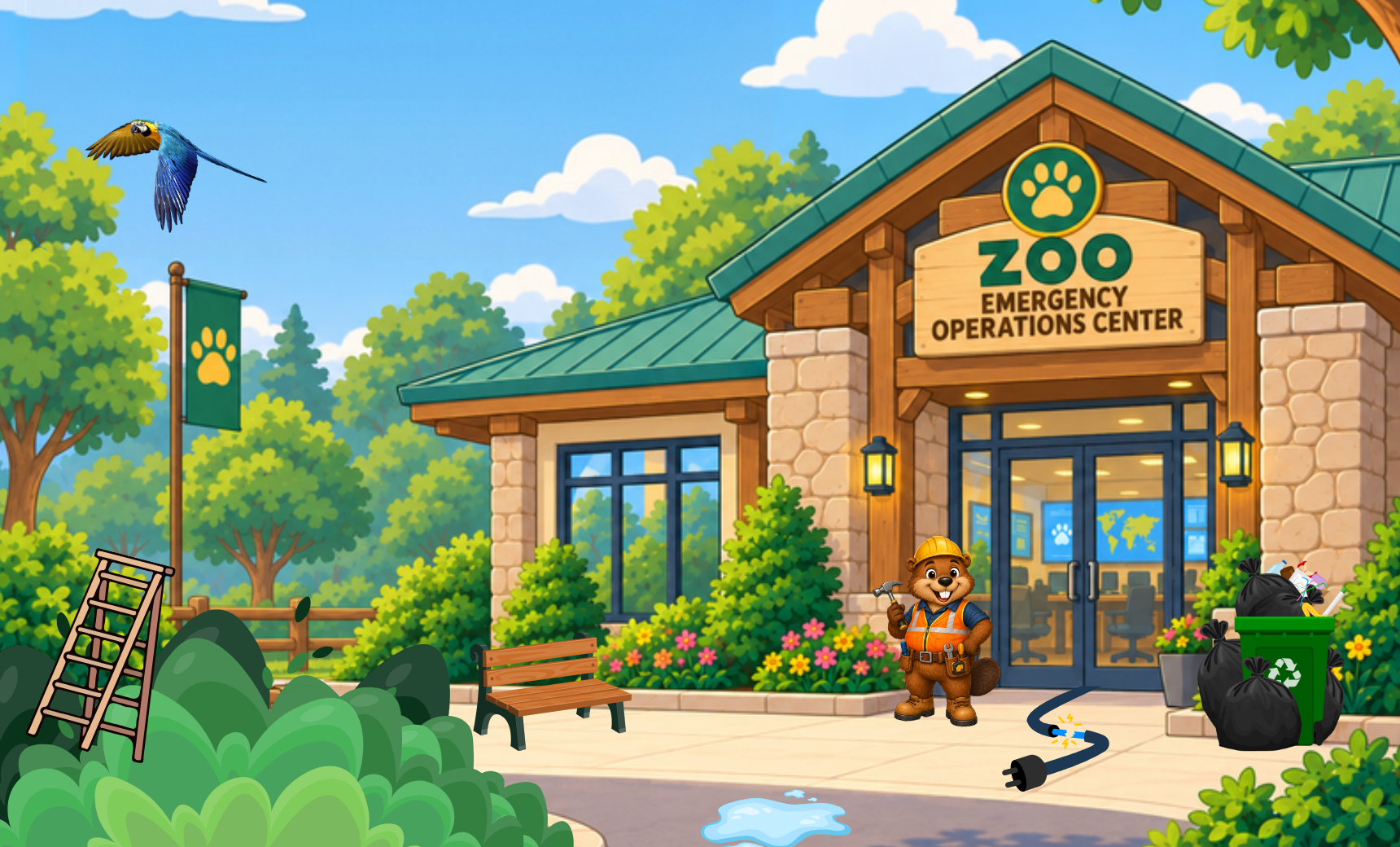 Zoo Emergency Operations Center entrance with a bird, a bench, a puddle, an electrical cord, spilled trash, and a ladder
