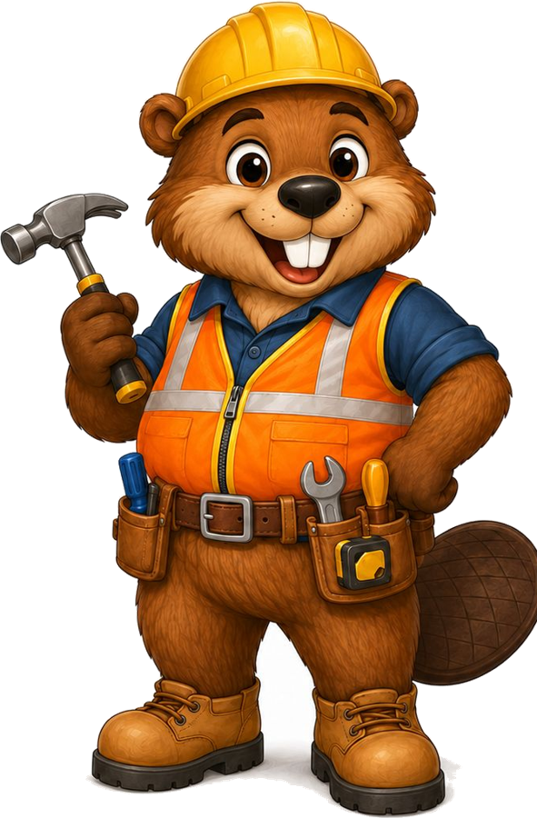 Builder Beaver, the Zoo EOC public works liaison, in a hard hat and safety vest holding a hammer
