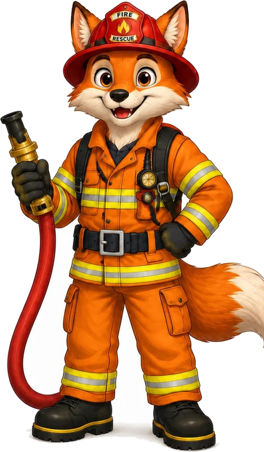 Firefighter Fox, the Zoo EOC fire liaison, in orange fire gear holding a hose