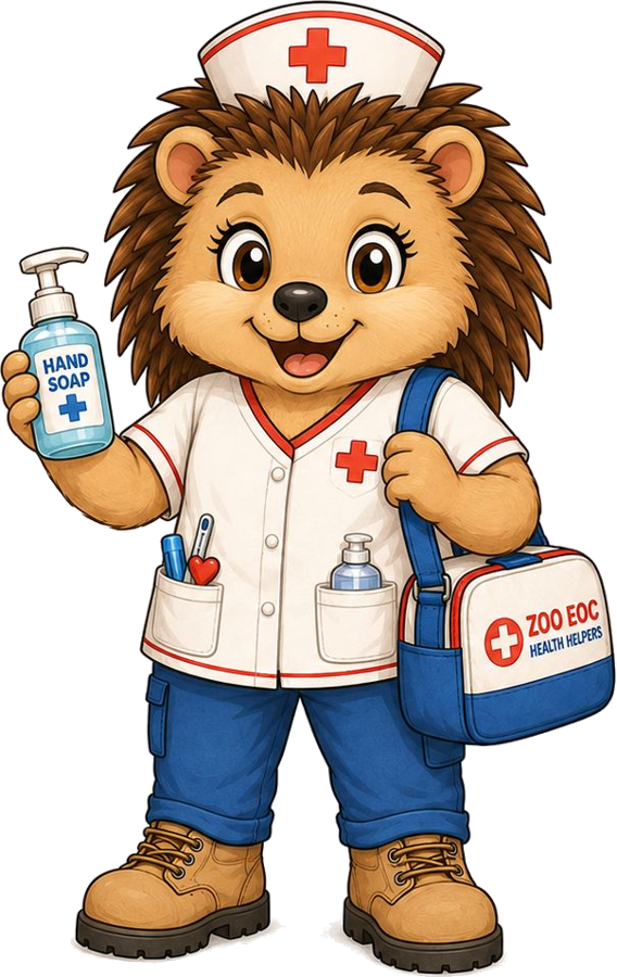 Nurse Hedgehog, the Zoo EOC health department liaison, in a nurse uniform holding hand soap